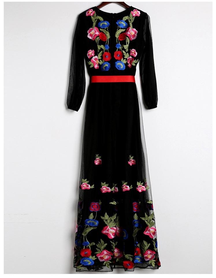 Long Lantern Sleeves Floral Embroidery Sash Belt Elegant Maxi Dress