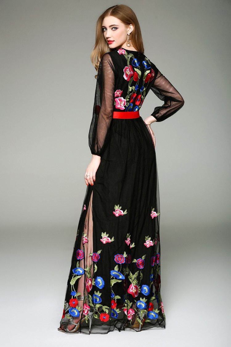 Long Lantern Sleeves Floral Embroidery Sash Belt Elegant Maxi Dress