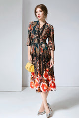 V Neck 3/4 Sleeves Printed Elastic Waist Elegant Summer Dresses