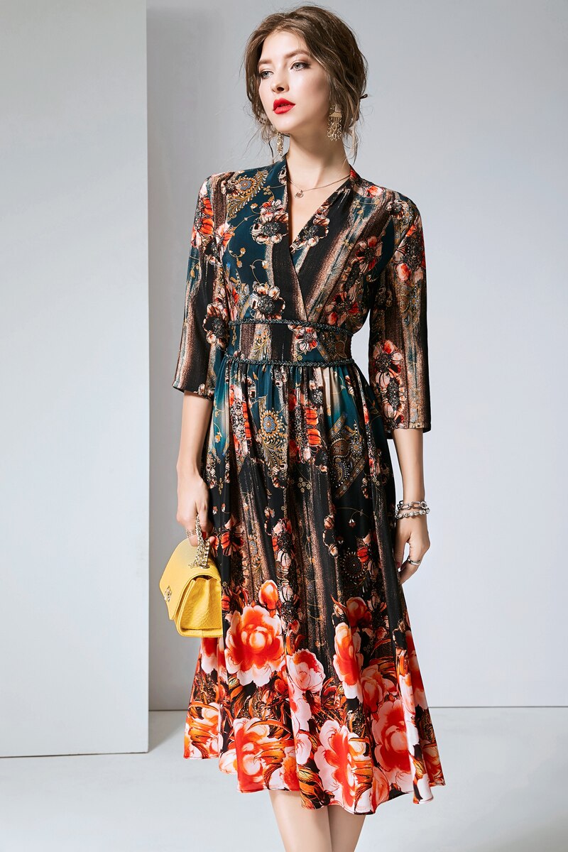 V Neck 3/4 Sleeves Printed Elastic Waist Elegant Summer Dresses