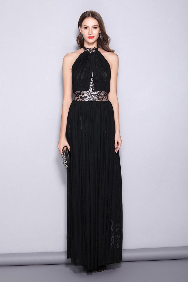 WomenRunway Designer Dresses Halter Sleeveless Embroidery Lace Open Back Fashion Long Party Prom Maxi Dresses