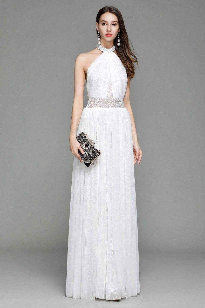 WomenRunway Designer Dresses Halter Sleeveless Embroidery Lace Open Back Fashion Long Party Prom Maxi Dresses