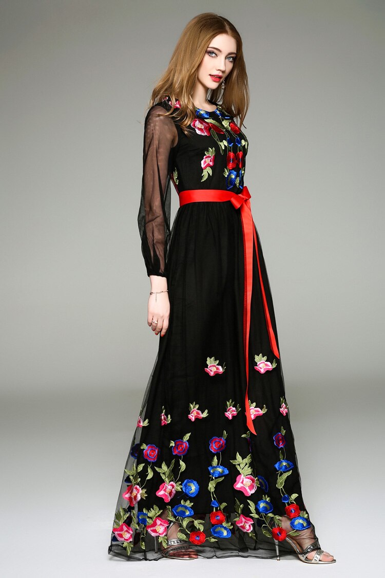 Long Lantern Sleeves Floral Embroidery Sash Belt Elegant Maxi Dress