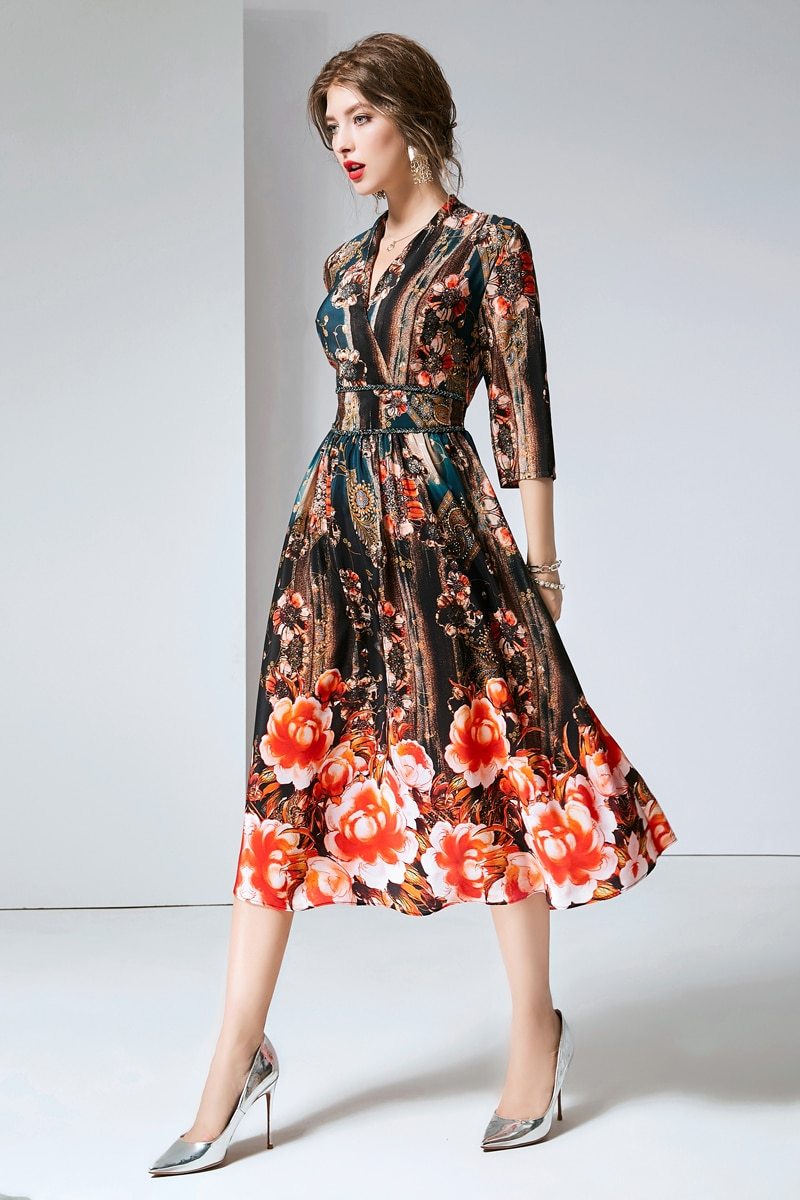 V Neck 3/4 Sleeves Printed Elastic Waist Elegant Summer Dresses