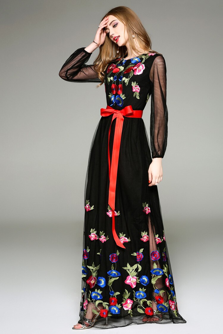 Long Lantern Sleeves Floral Embroidery Sash Belt Elegant Maxi Dress
