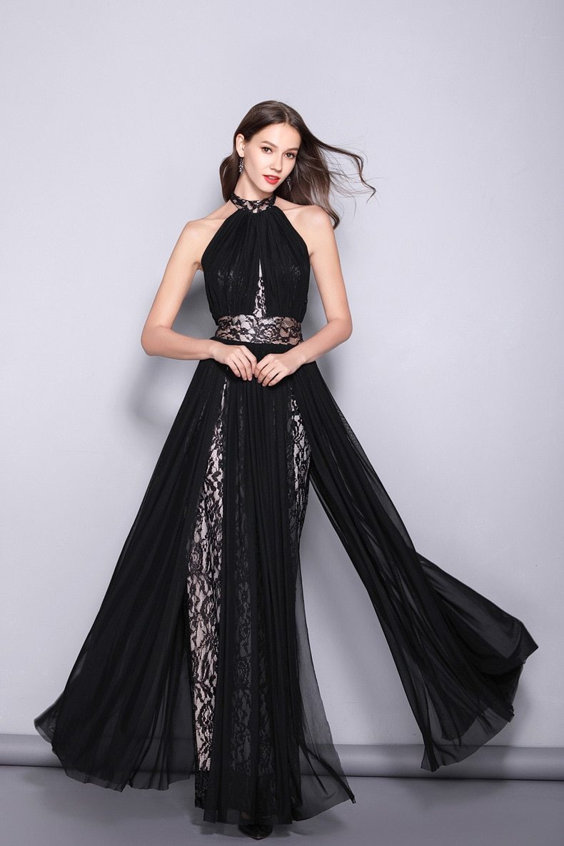 WomenRunway Designer Dresses Halter Sleeveless Embroidery Lace Open Back Fashion Long Party Prom Maxi Dresses