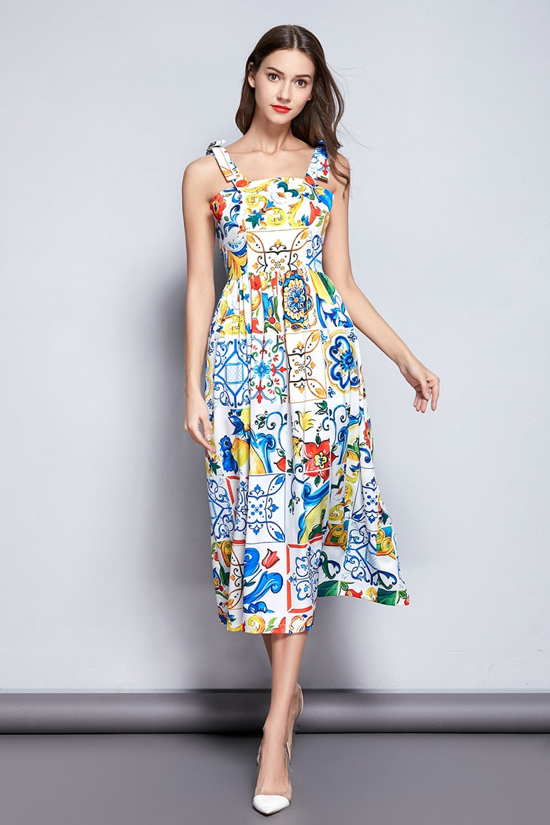 Summer Dress WomenBow Spaghetti Strap Gorgeous Floral Print Midi Cotton Dress