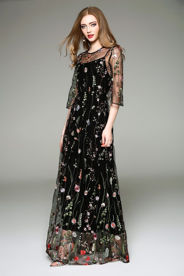 Spring Summer WomenO Neck Long Sleeves Maxi Dresses