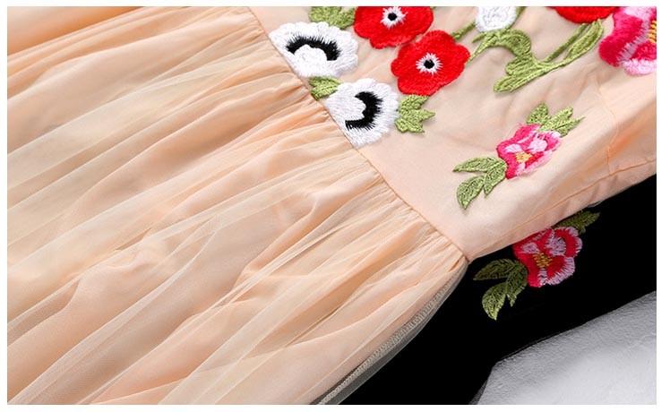 Long Lantern Sleeves Floral Embroidery Sash Belt Elegant Maxi Dress