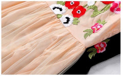 Long Lantern Sleeves Floral Embroidery Sash Belt Elegant Maxi Dress