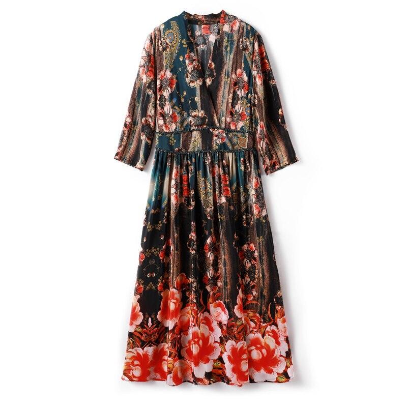 V Neck 3/4 Sleeves Printed Elastic Waist Elegant Summer Dresses
