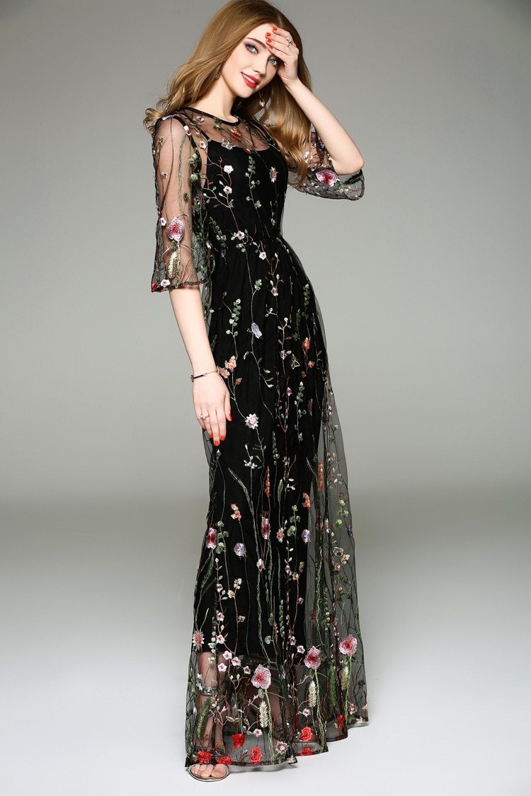 Spring Summer WomenO Neck Long Sleeves Maxi Dresses