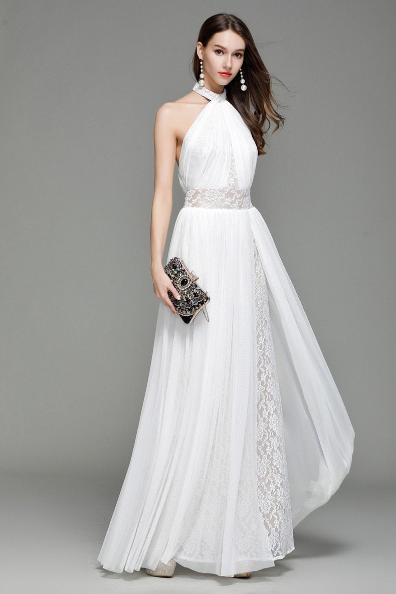 WomenRunway Designer Dresses Halter Sleeveless Embroidery Lace Open Back Fashion Long Party Prom Maxi Dresses