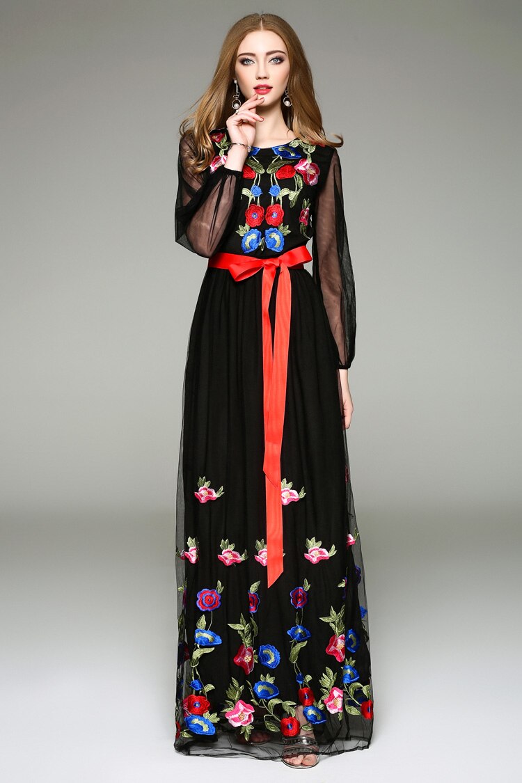 Long Lantern Sleeves Floral Embroidery Sash Belt Elegant Maxi Dress