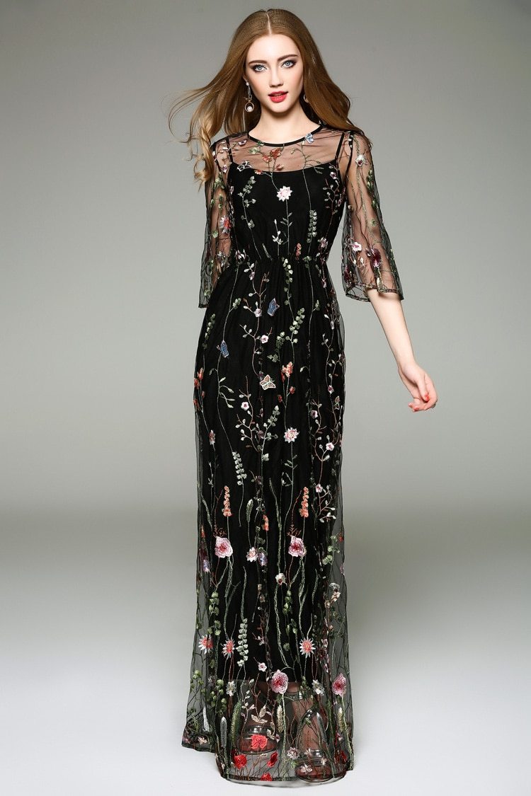 Spring Summer WomenO Neck Long Sleeves Maxi Dresses