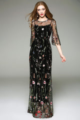 Spring Summer WomenO Neck Long Sleeves Maxi Dresses