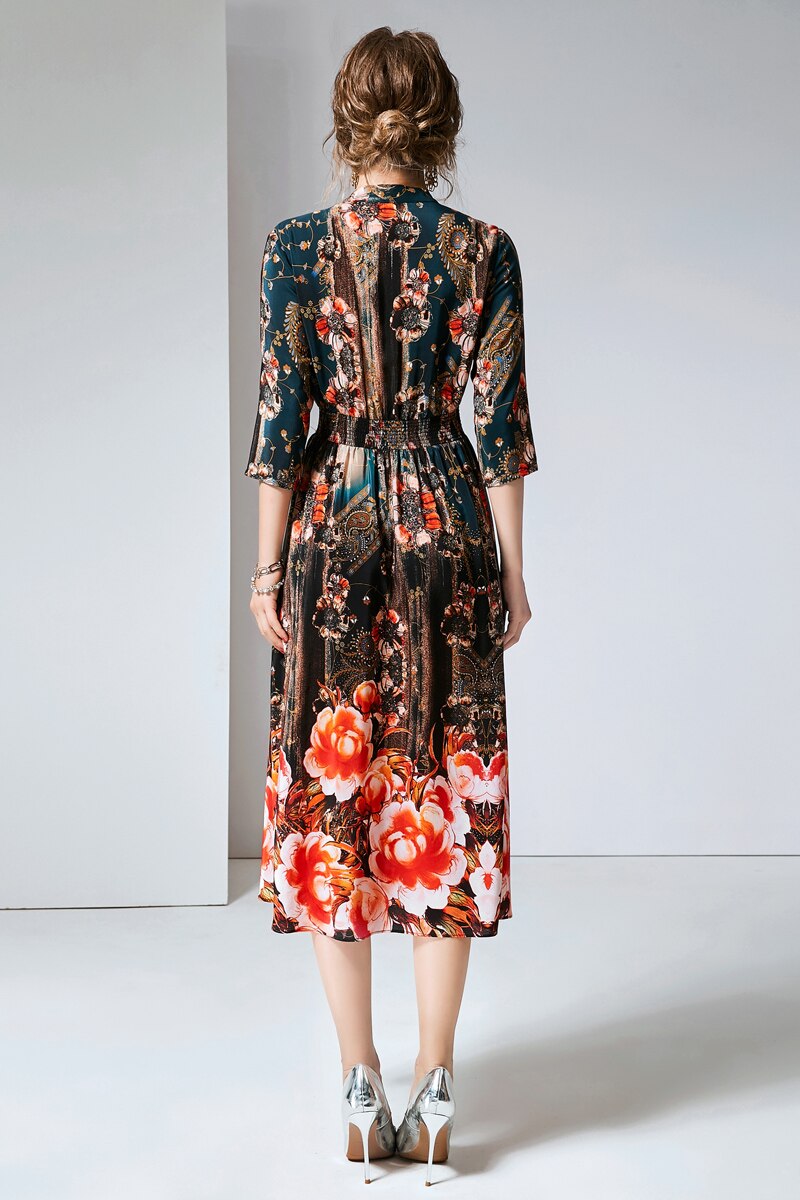V Neck 3/4 Sleeves Printed Elastic Waist Elegant Summer Dresses