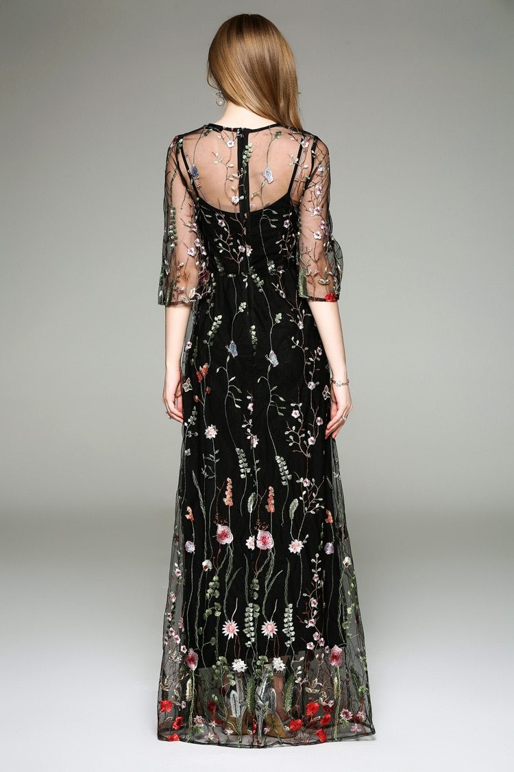 Spring Summer WomenO Neck Long Sleeves Maxi Dresses