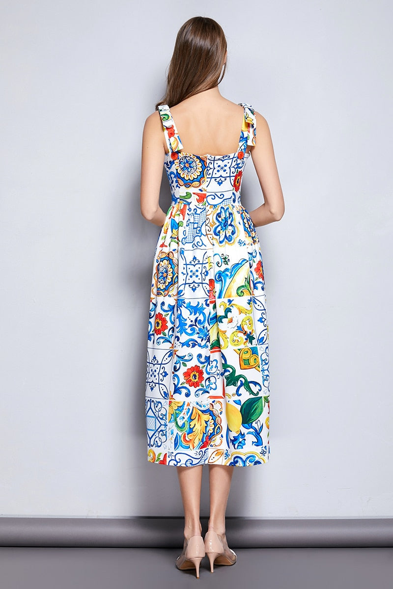 Summer Dress WomenBow Spaghetti Strap Gorgeous Floral Print Midi Cotton Dress