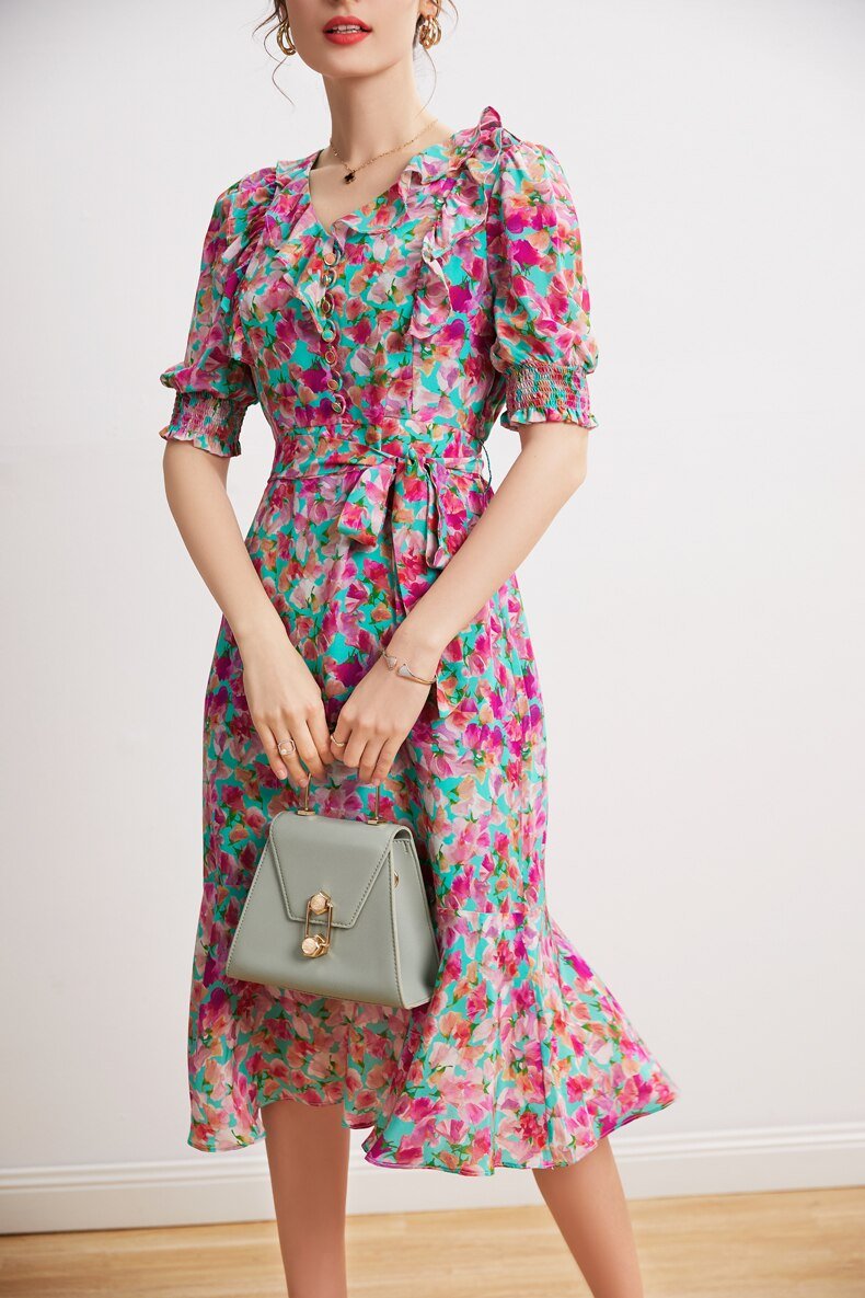 V Neck Short Sleeves Ruffles Sash Belt Printed Fashion Summer Dress