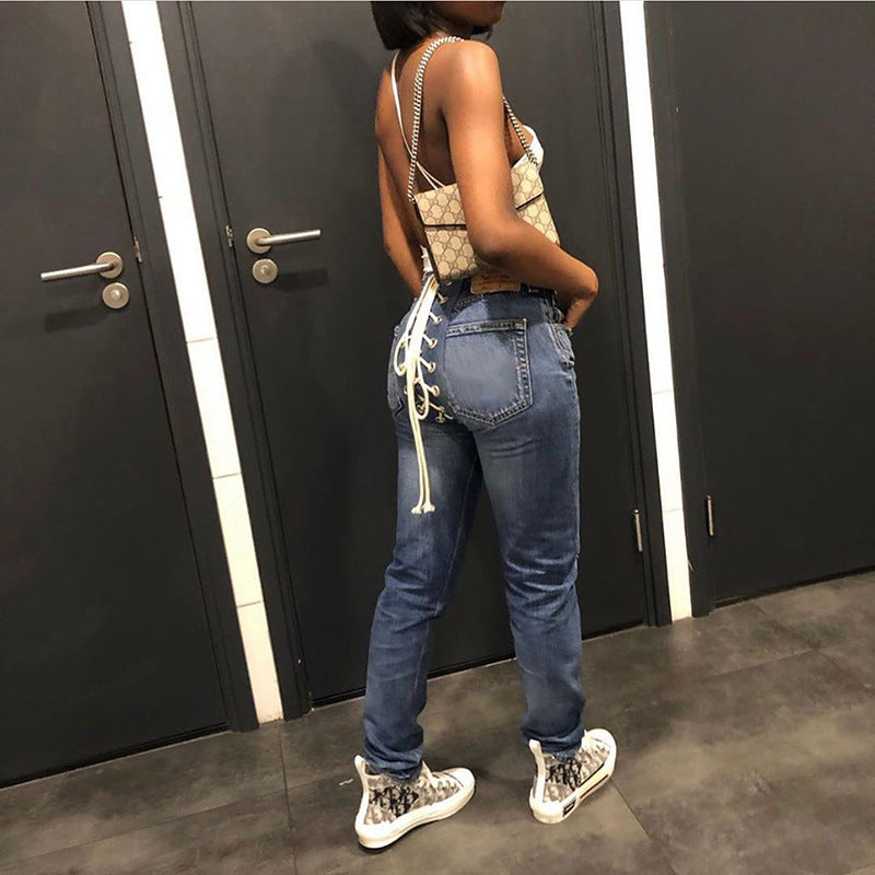 Street Fashion Fitness Trousers Hip Bandage Lace Up Vintage Pants