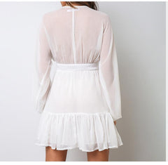 V Neck WomenSpring Summer Dress Lace Long Sleeve Mini Party Dress