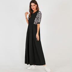 Summer New Long Dress Black Casual Fashion Snake Print Stitching Elastic Waist O-neck Half Sleeve Maxi Dresses Robe
