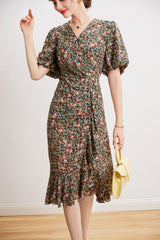 V Neck Short Sleeves Printed Ruffles Fashion Dress