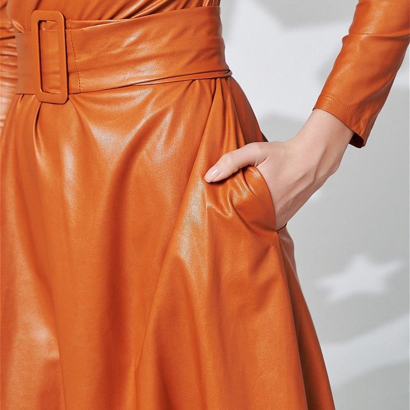 Fit And Flare Winter Dress a Line Pockets Pu Leather Midi Dress
