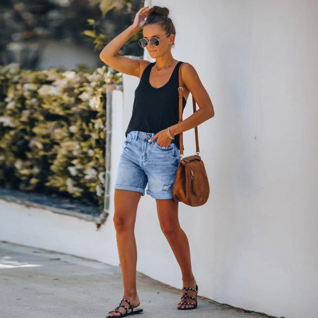 Casual Loose Elastic High Waist Wide Leg Straight Short Jeans Streetwear