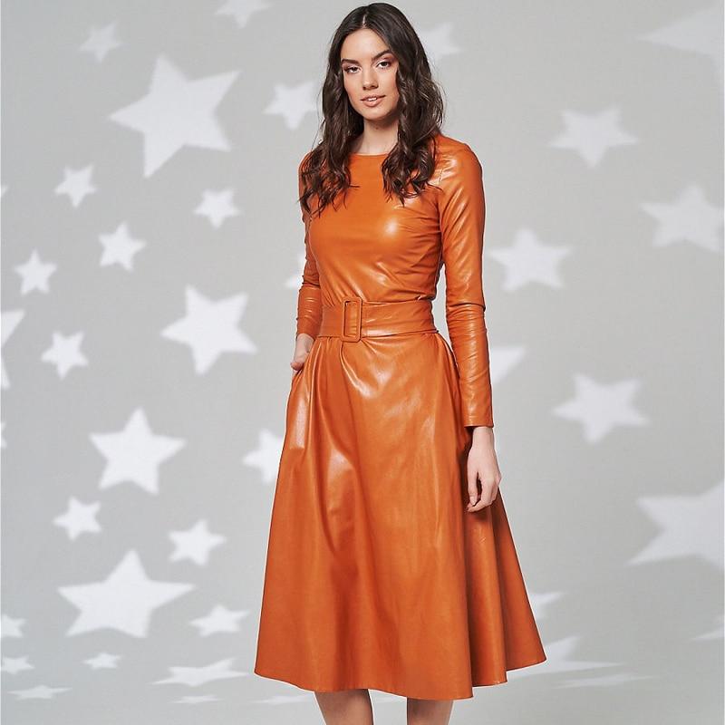 Fit And Flare Winter Dress a Line Pockets Pu Leather Midi Dress