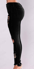 WomenJeans European and American Stretch Cotton Holes Pencil Feet Pants High Waisted Jeans