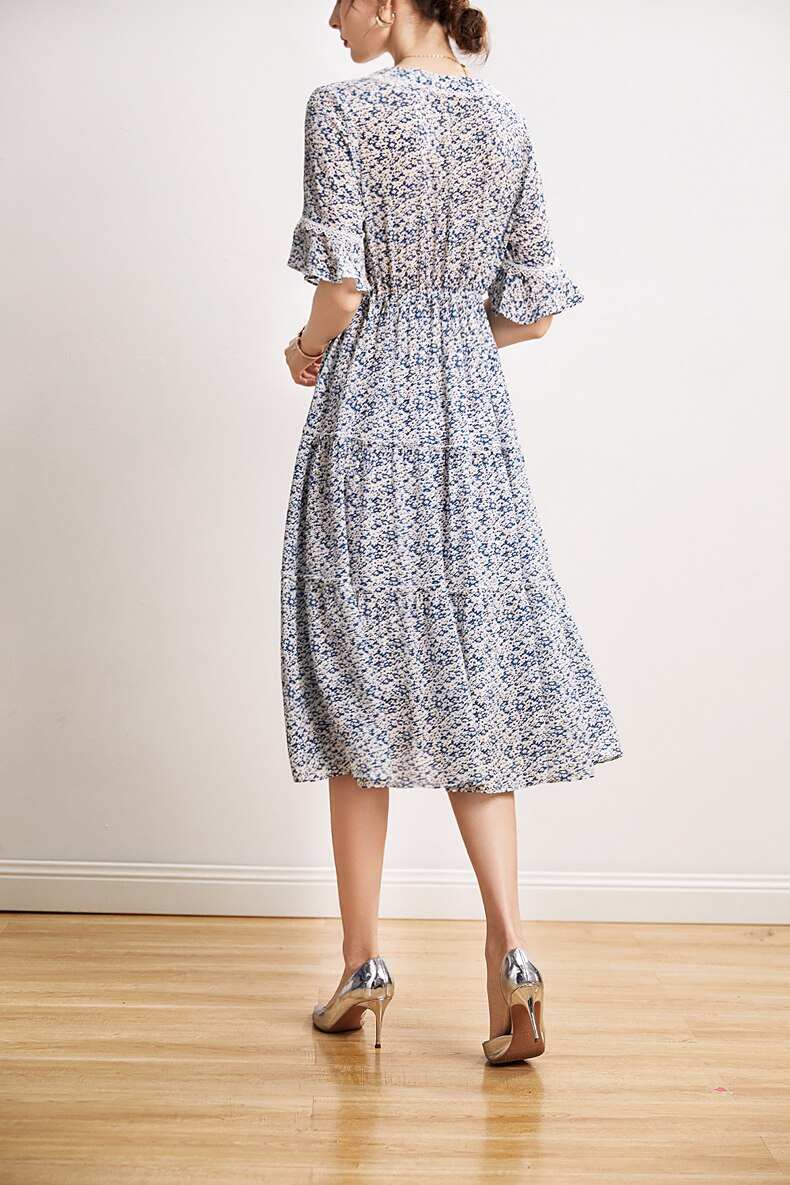 V Neck Short Sleeves Ruffles Floral Printed Holiday Dress