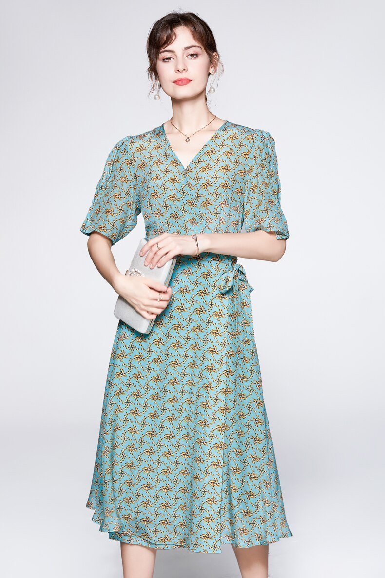 V Neck Short Sleeves Printed Lace Up Fashion Summer Dress