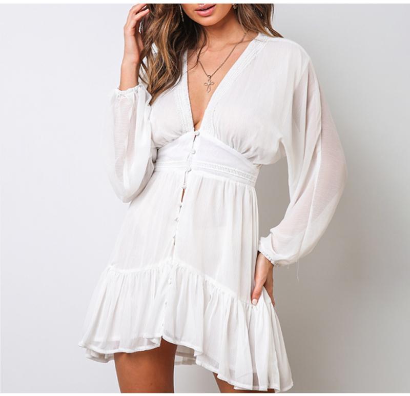 V Neck WomenSpring Summer Dress Lace Long Sleeve Mini Party Dress