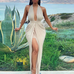 Halter Plunge Thigh Slit Maxi Dress