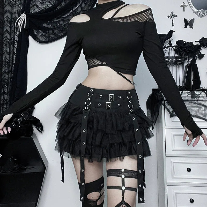 Harajuku Gothic Dark CyberY2k E-girl Streetwear Hip Hop Eyelet Ribbons Mesh Patchwork Cake Skirt