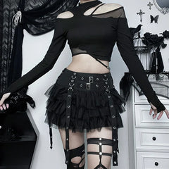 Harajuku Gothic Dark CyberY2k E-girl Streetwear Hip Hop Eyelet Ribbons Mesh Patchwork Cake Skirt