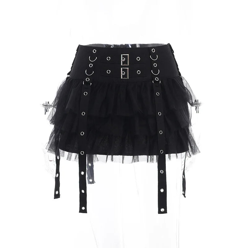 Harajuku Gothic Dark CyberY2k E-girl Streetwear Hip Hop Eyelet Ribbons Mesh Patchwork Cake Skirt