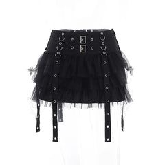 Harajuku Gothic Dark CyberY2k E-girl Streetwear Hip Hop Eyelet Ribbons Mesh Patchwork Cake Skirt
