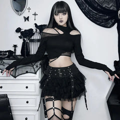 Harajuku Gothic Dark CyberY2k E-girl Streetwear Hip Hop Eyelet Ribbons Mesh Patchwork Cake Skirt
