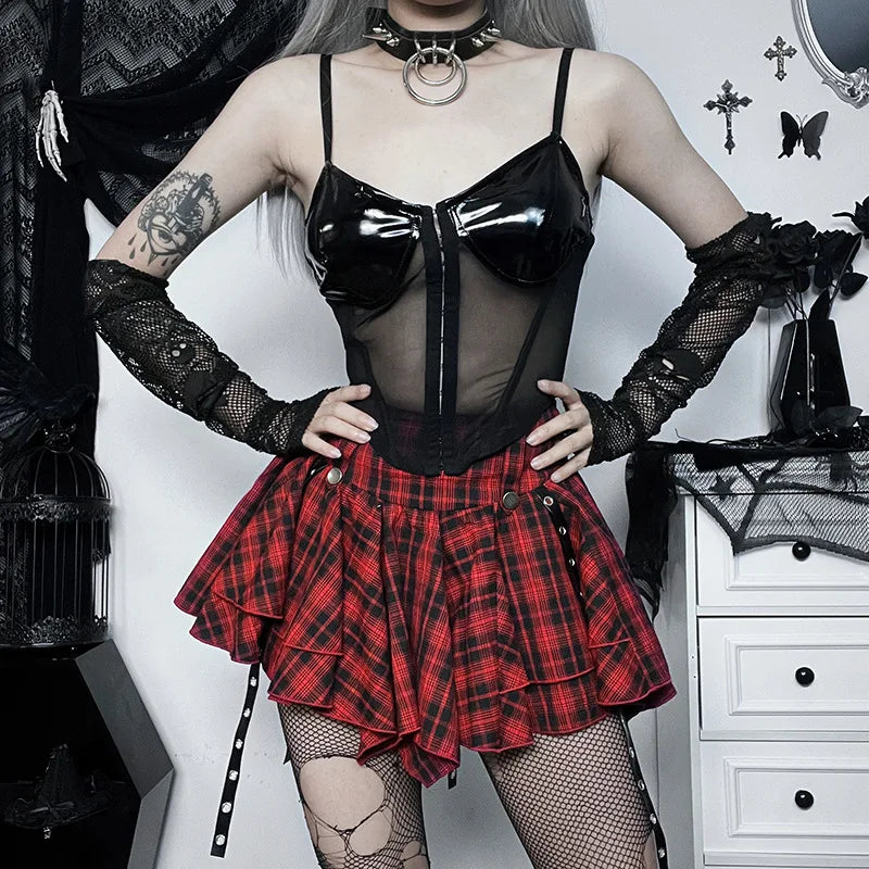 Harajuku Y2k Goth Plaid Streetwear Cyber High Waist Eyelet Ribbon Red Emo Alt Grunge Skirt