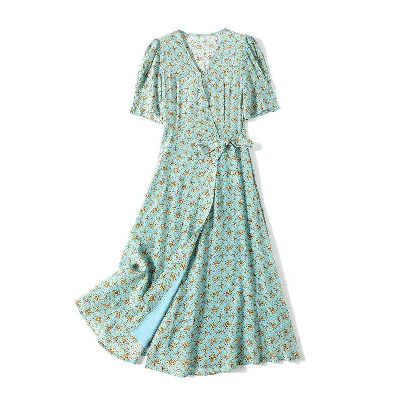 V Neck Short Sleeves Printed Lace Up Fashion Summer Dress