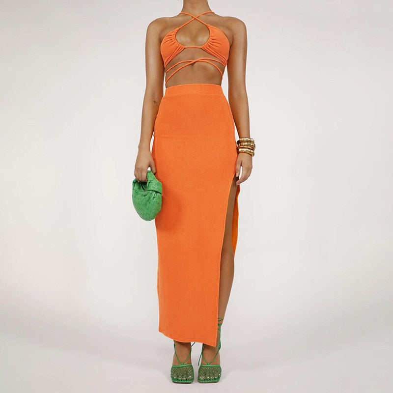 Bandage Cut Out Sexy Halter Neck Top and Skirts Set