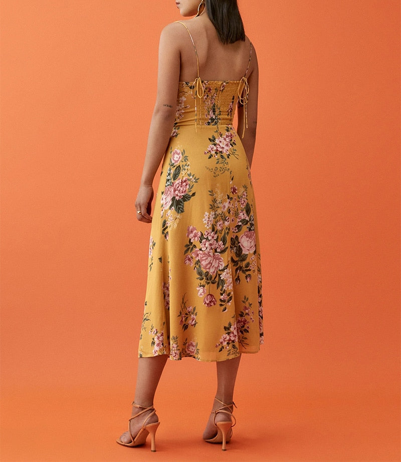 Vintage Midi Dress Side High Slit Spaghetti Strap Dress