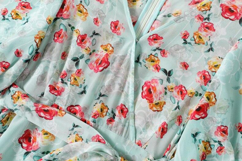 V Neck Short Sleeves Printed Sash Belt Fashion Summer Dress
