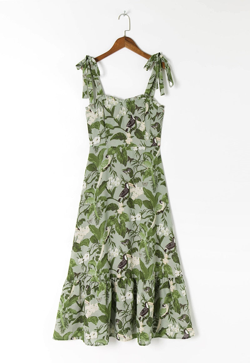Elegant Ruffle Hem Beach Summer Dress Sweetheart Neck Tie Strap Midi Dress