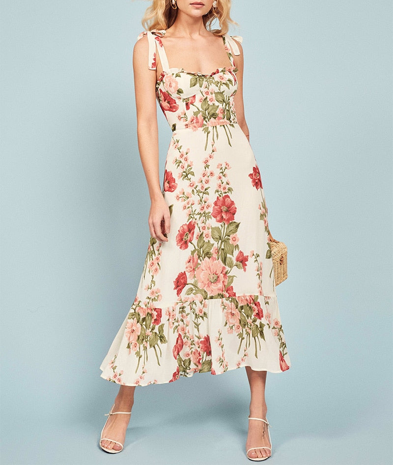 Print Beach Dress Sweetheart Neck Strap Elegant Vintage Chiffon Midi Dress