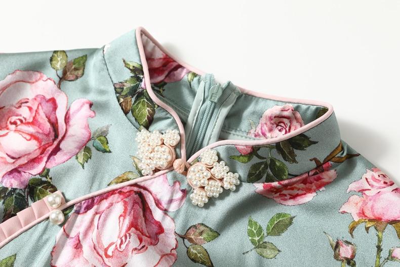 Vintage Stand Collar Short Sleeves Floral Printed Ruffles Elegant Dress Vestidos