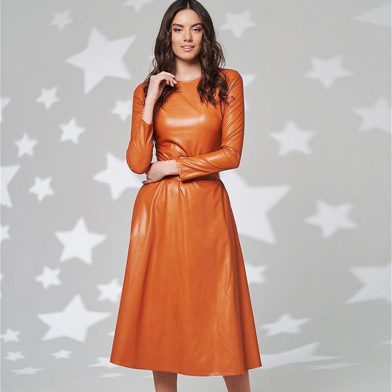 Fit And Flare Winter Dress a Line Pockets Pu Leather Midi Dress